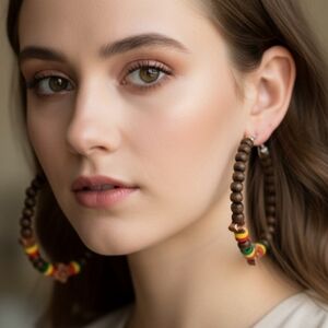 Large hoop earrings, earrings with wooden beads, brown wooden earrings 3.0 Inche